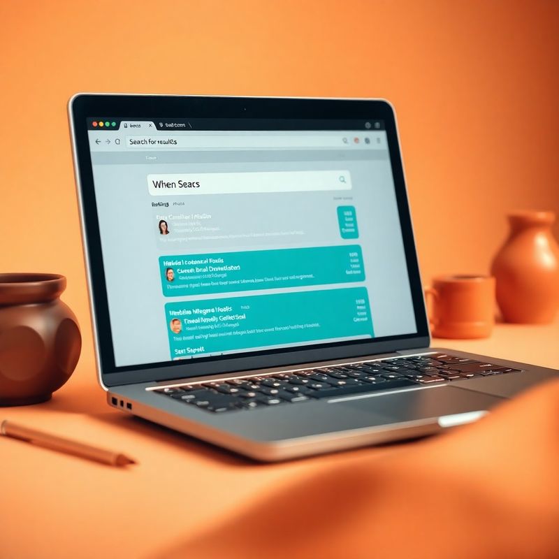 Schermo di laptop con risultati di ricerca e posizionamenti evidenziati