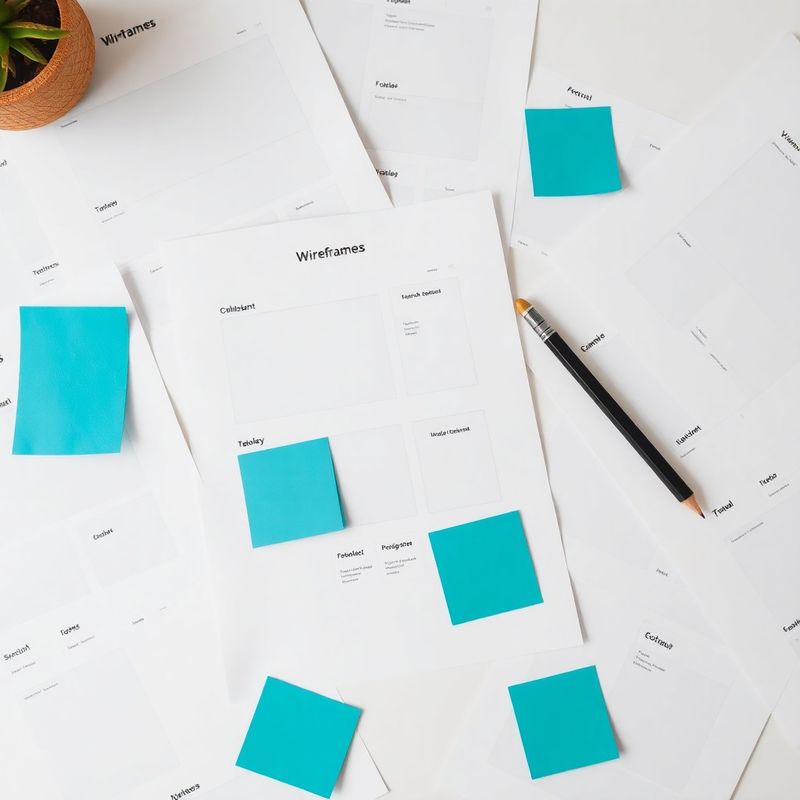 Wireframe stampate su fogli A3 con post-it teal su una scrivania bianca